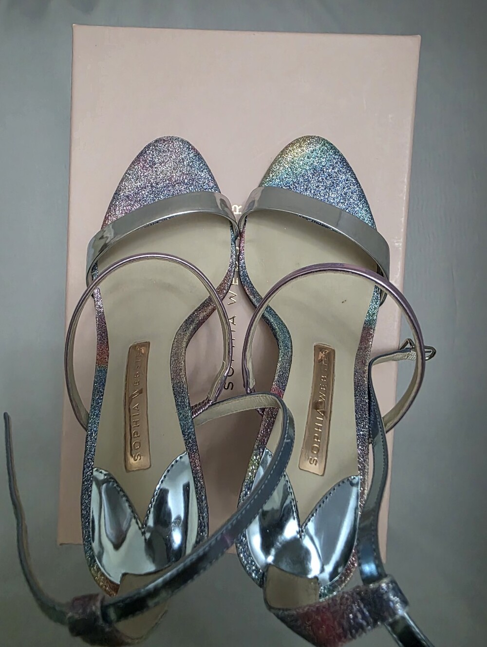 Sophia Webster Iridescent Multi-Color Glitter Strappy Heels with Silver Accents - Picture 5 of 6